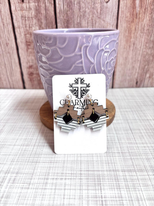 Western Aztec Wood & Pearl Stud Earrings | Half White Striped Small Dangle Boho Earrings