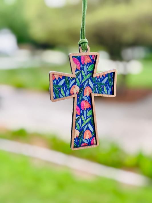 Wooden Cross Car Charm – Vibrant Tulips Rearview Mirror or Suncatcher Décor