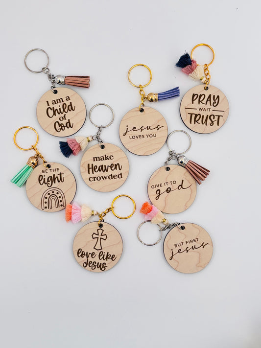 Faith-Inspired Maple Keychains – Engraved with Encouraging Christian Sayings + Pastel Tassels