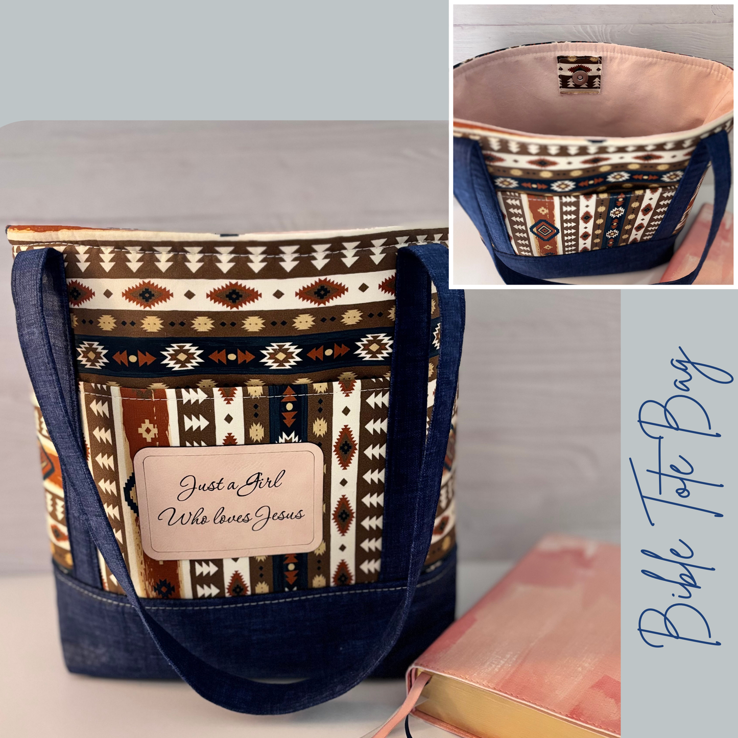 Christian Bible Tote Bag – Faith Message Faux Leather Patch