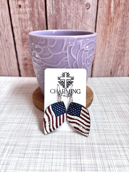 Rustic Tattered American Flag Earrings – Hand-Painted Wooden Patriotic Dangles