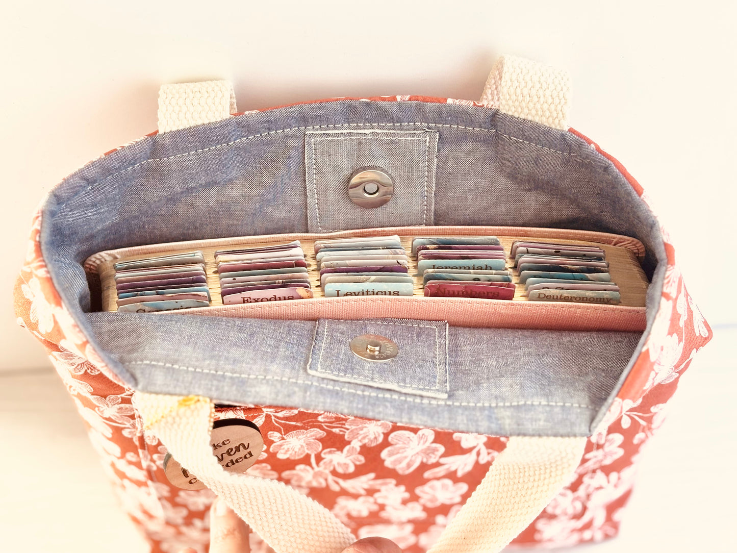 Floral Bible Tote Bag – Handmade Christian Bible Carrier with Pocket & Snap Closure