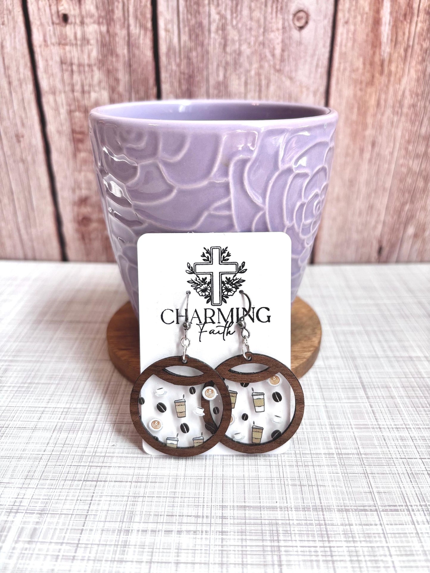 Coffee Lover Earrings – Lightweight Walnut Circle with Clear Center and Coffee Cup Design