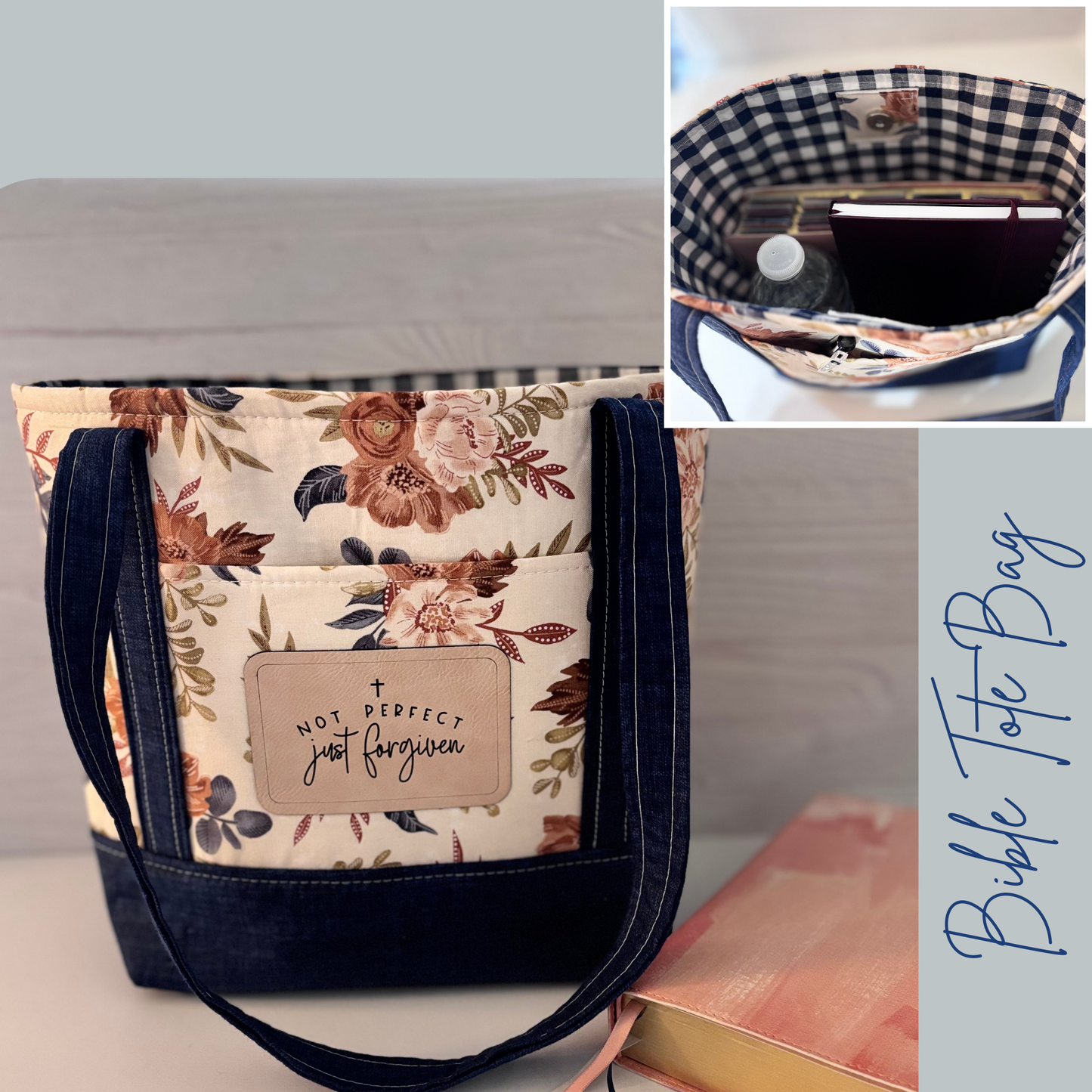 Christian Bible Tote Bag – Faith Message Faux Leather Patch