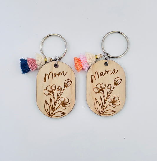 Minimalist Wood Keychain – Mom or Mama with Floral Design & Tassel