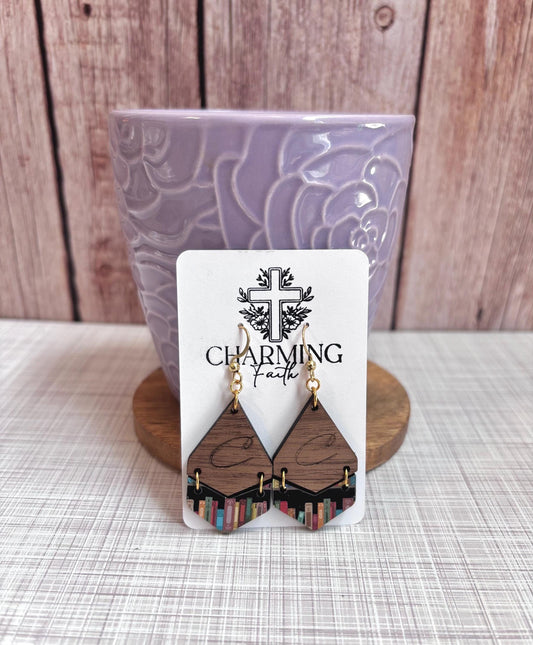 Walnut Chevron Book Earrings – Handmade Bookshelf Dangle Jewelry for Teachers & Book Lovers