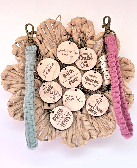 Macramé Wristlet Keychain with Engraved Wooden Charm – Christian Sayings or WWJD Bead