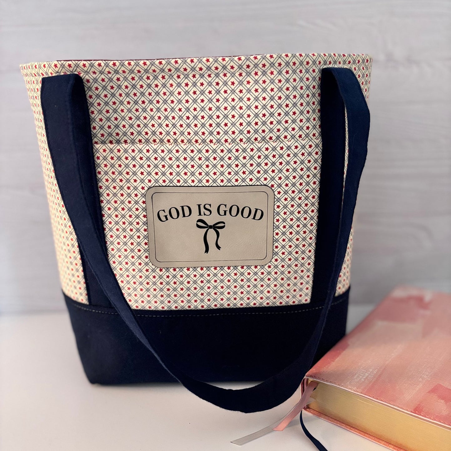 Christian Bible Tote Bag – Faith Message Faux Leather Patch