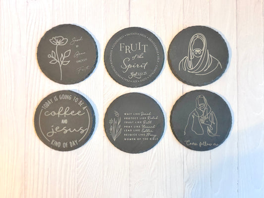 Laser Engraved Christian Round Slate Coasters – 4” Circular Faith Sayings & Jesus Line Art