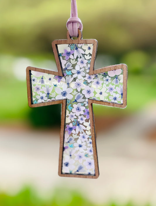 Wooden Cross Car Charm – Purple Flowers Rearview Mirror or Suncatcher Décor