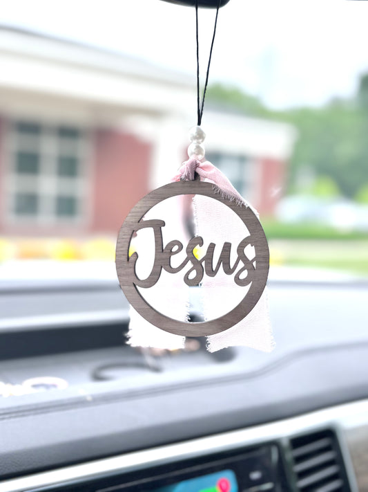 Jesus Car Charm | Christian Rearview Mirror Hanger | Faith Car Accessory with Ribbon and Beads | Rustic Southern Charm