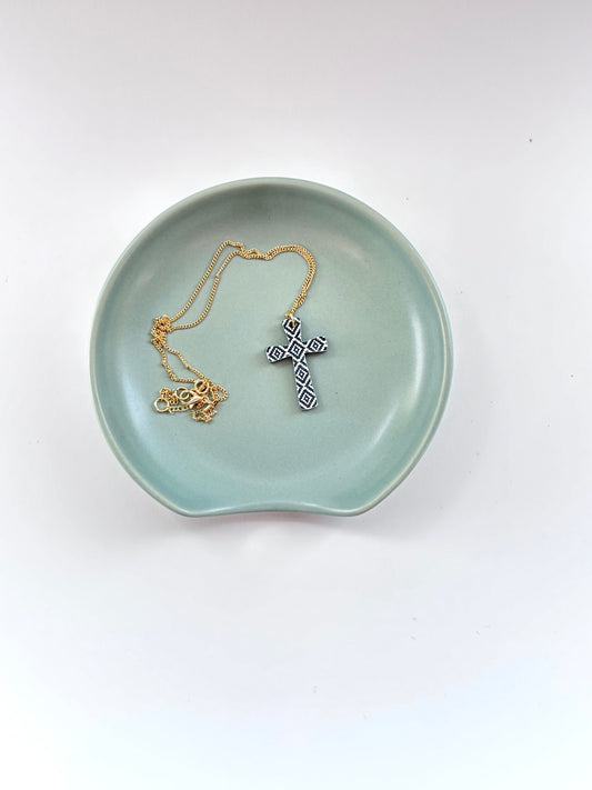 Gold Cross Necklace – Black & White Geometric Design