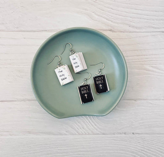 Mini Holy Bible Book Earrings – Real Blank Pages | Choose Cover Design & Hook Color