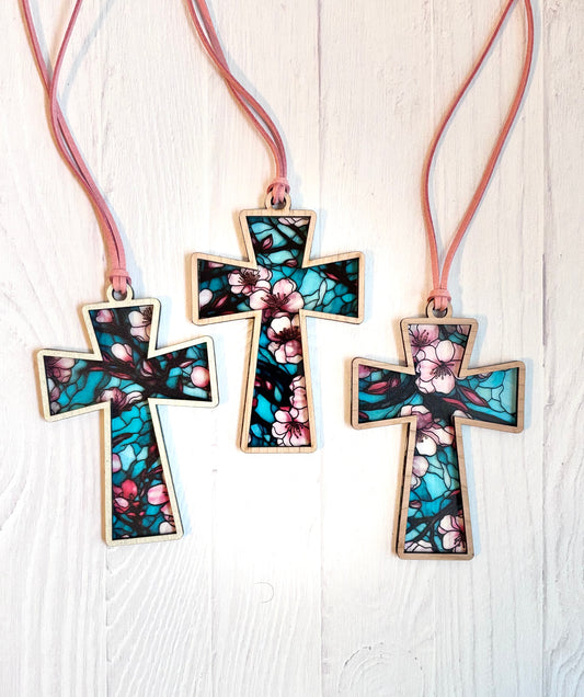 Wooden Cross Car Charm – Cherry Blossom Rearview Mirror or Suncatcher Décor