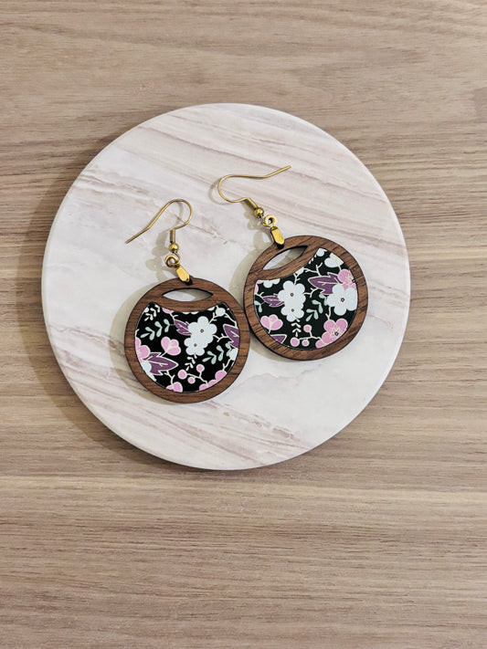 Handmade Floral Earrings – Acrylic Inlay & Walnut Wood Botanical Jewelry