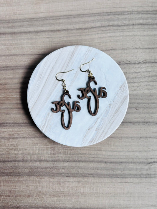 Jesus Script Wooden Earrings – Walnut Christian Statement Jewelry