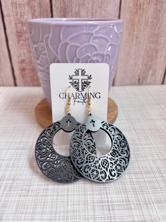 Navy Blue Scroll Cross Earrings – 2" Lightweight Faith-Inspired Statement Jewelry
