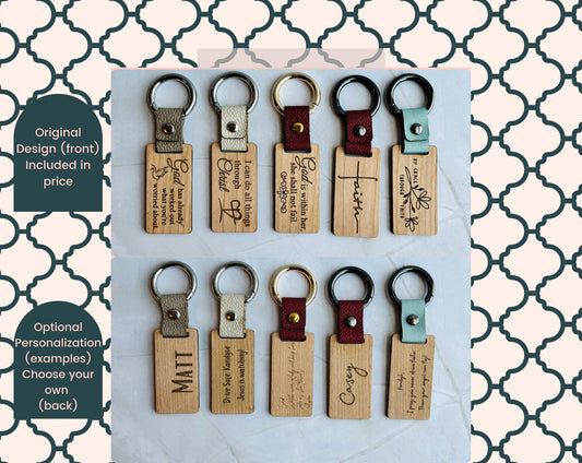 Personalized Wood and Leather Keychain- Engraved Bible Verse Keychain, Faith Gift for Men & Women, Personalized Scripture Keyring, Religious