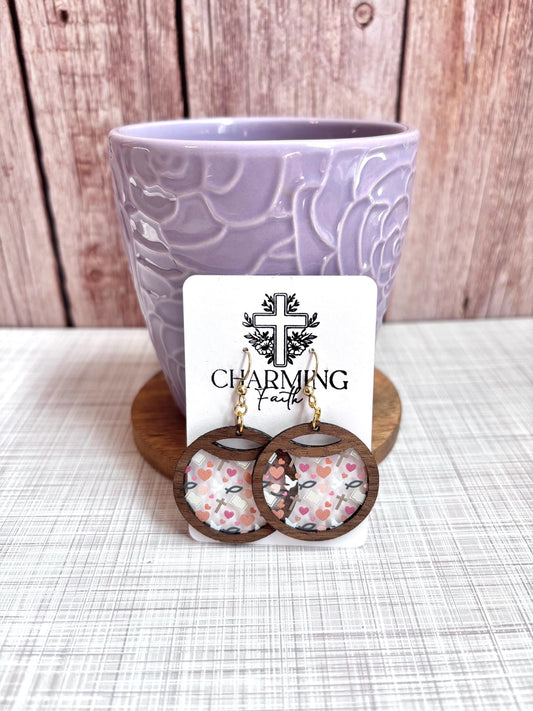 Lightweight Christian Symbol Earrings – Walnut Circle with Clear Center and Faith Icons