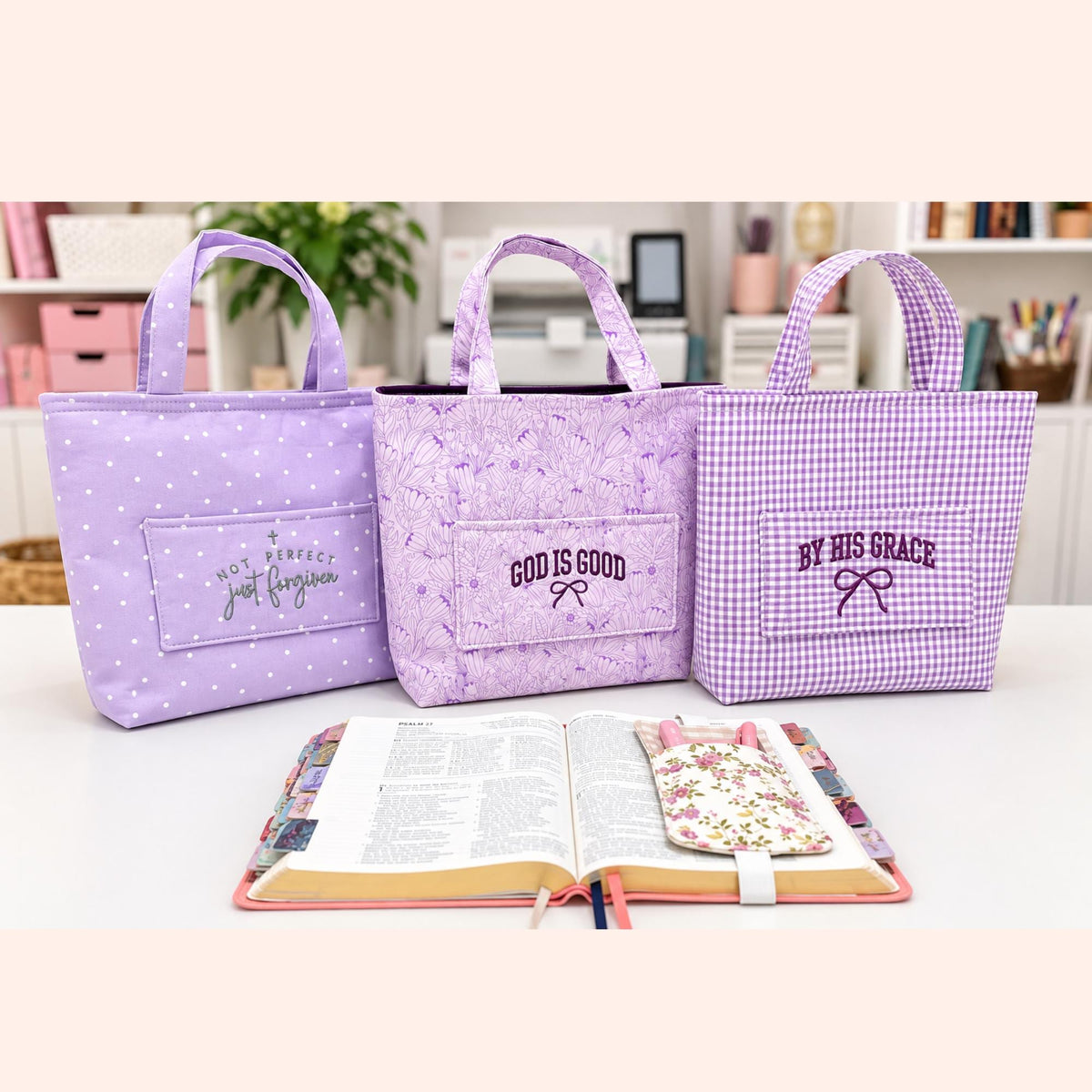 Purple Bible Bag for Carrying Bible Study Accessories | An Embroidered Tote Bag with Christian Bible Verse or Monogram Personalized